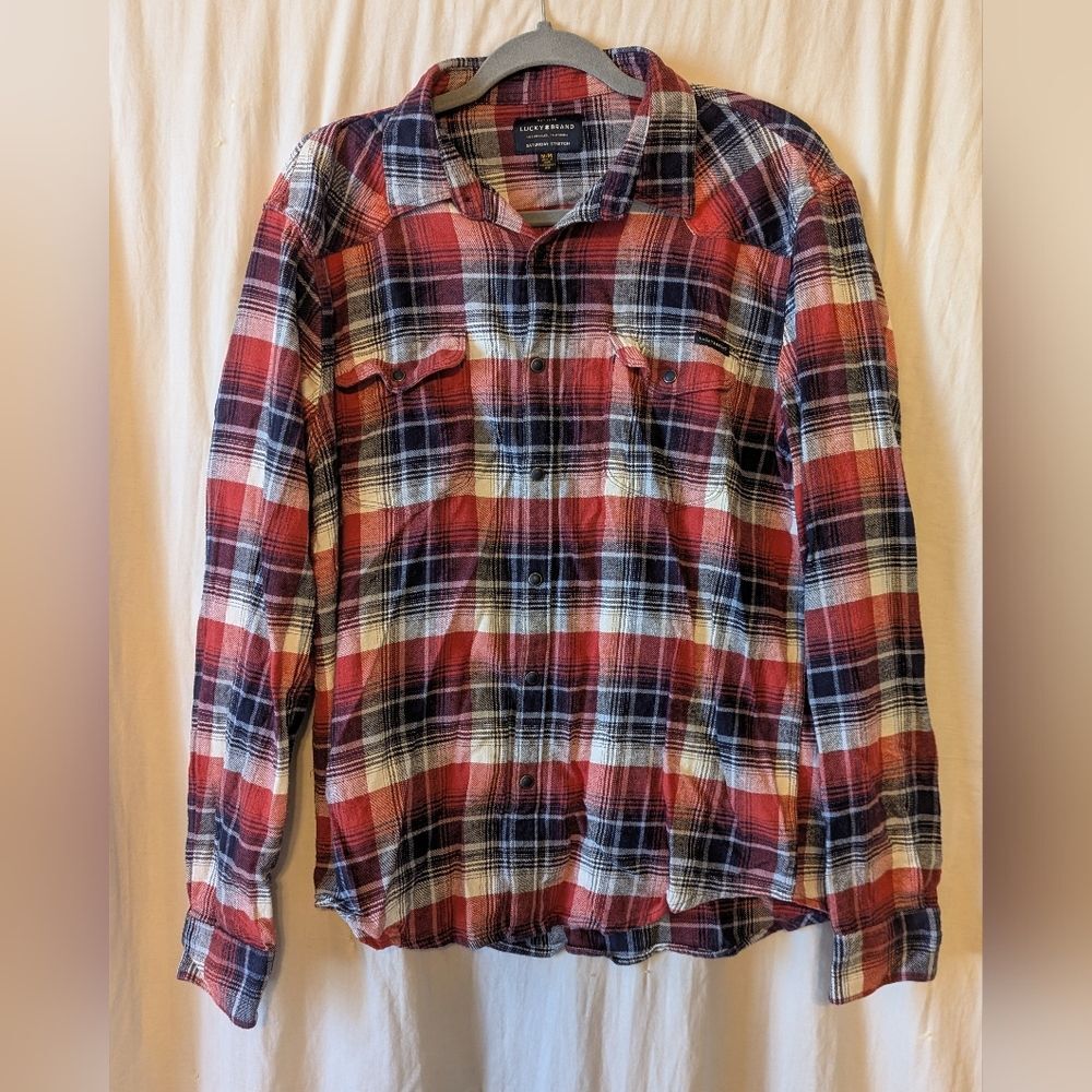 Lucky Brand Red and Navy Plaid Button-Down Shirt